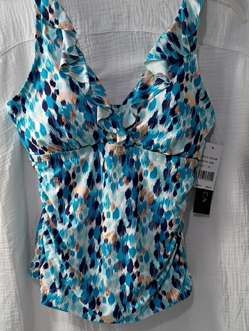LABLANCA WOMEN’S BLUE METALLIC RUFFLE TRIM V-NECK TANKINI SWIM TOP SIZE 10 NWT